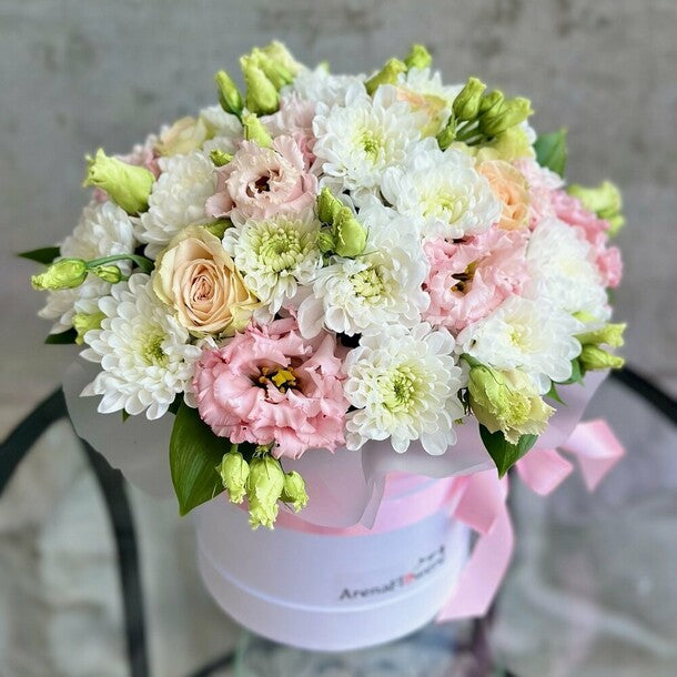 A composition with roses, eustoma, and chrysanthemum "Romance"