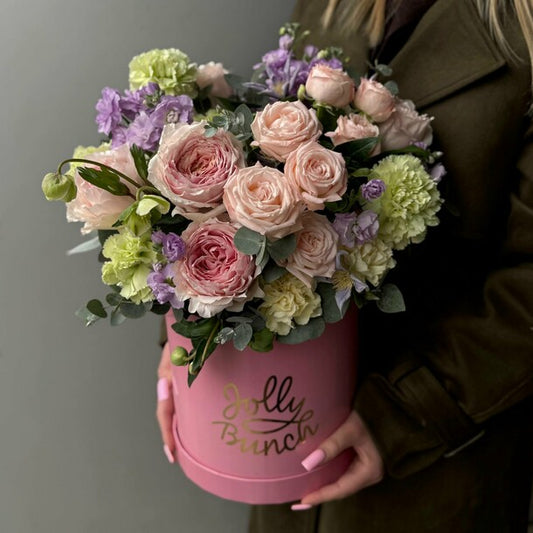 Flower box with peony roses and matthiola