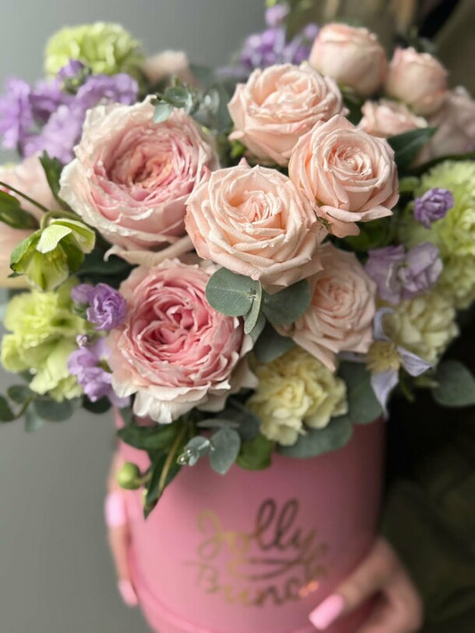 Flower box with peony roses and matthiola
