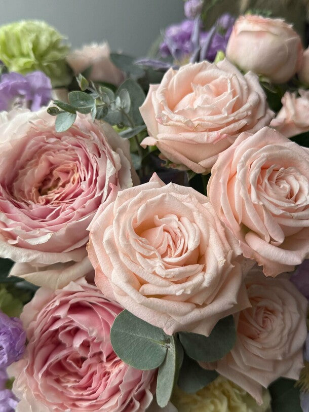 Flower box with peony roses and matthiola