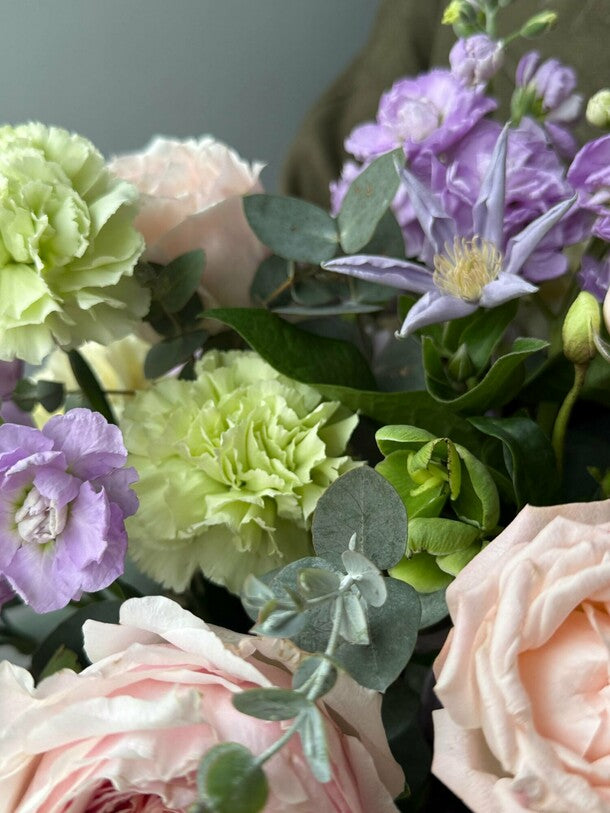 Flower box with peony roses and matthiola
