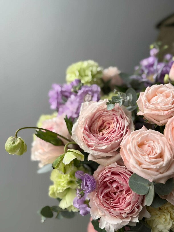 Flower box with peony roses and matthiola